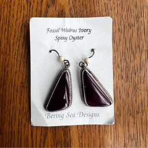 Bering Sea Designs Silver and Dark Purple Fossil Walrus Ivory Earrings